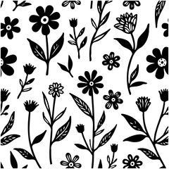 Elegant botanical seamless pattern with floral elements in black and white style