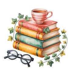 Stacked books with tea and spectacles reading