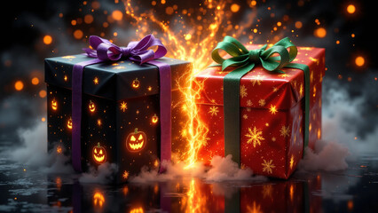 Halloween vs Christmas Gift Boxes – Glowing Dual Holiday Concept