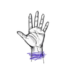 Sketch style hand reaching up, purple wristband, expressive, hopeful, isolated on black background.