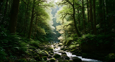 Fototapeta premium Sunlight filters through ancient trees illuminating a mossy riverbed in a vibrant forest.