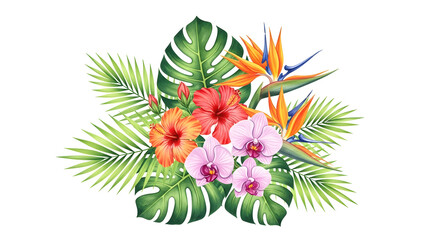 Vibrant tropical flowers and lush green leaves create an exotic botanical arrangement