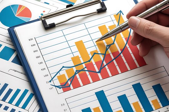 Hand holding pen over financial charts and graphs analysis business