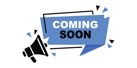 Bold blue “Coming Soon” promotional banner with megaphone icon and decorative shards for website, event, or product launch use