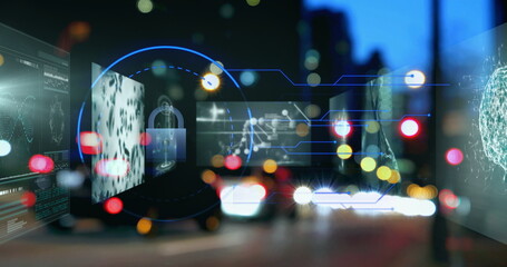Displaying translucent panels and padlock icon floating over city street at night, cyber security