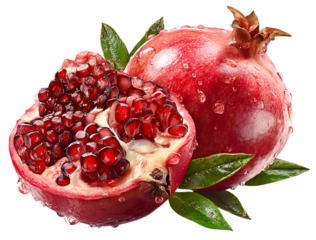 Pomegranate, cut in half with seeds and leaves, isolated on a transparent background. Cutout PNG file for graphic design elements.