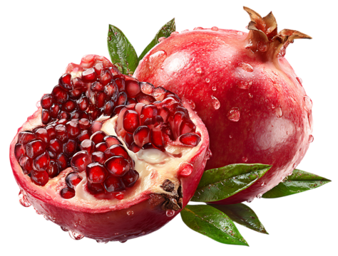 Pomegranate, cut in half with seeds and leaves, isolated on a transparent background. Cutout PNG file for graphic design elements.