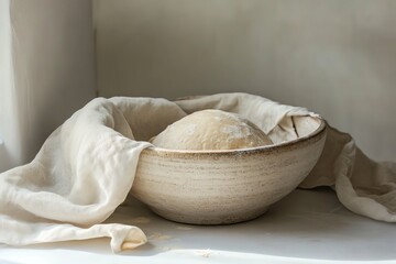 Dough resting in a rustic bowl covered with a cloth, ready for baking bread in a cozy kitchen setting.