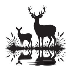 Deer and Fawn Silhouette by Water – Serene Nature Vector for Wildlife Themes