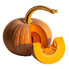 Autumn Harvest: Sliced Orange Pumpkin, Vibrant, Sunlit,  Studio Shot, Isolated on Black Background