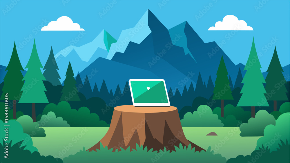 Poster in the heart of a dense forest a laptop sits on a tree stump providing a view of towering mountains 