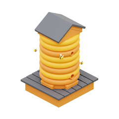 3D isometric beehive with bees and roof