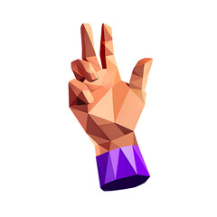 Low-poly hand gesture; three fingers up; purple cuff; modern design; abstract; tech; digital; futuristic; clean style; vibrant color palette; isolated on black.
