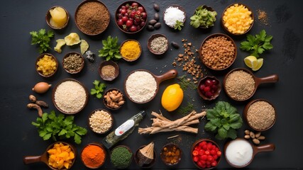 Assorted spices and ingredients on dark surface
