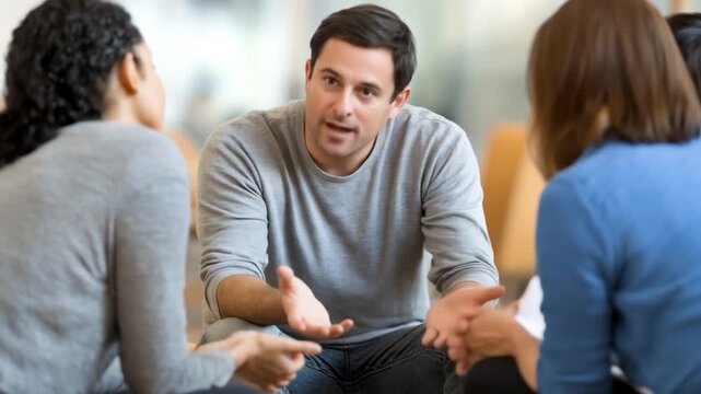 Group Therapy Session: Diverse People Sharing Experiences and Support in a Circle