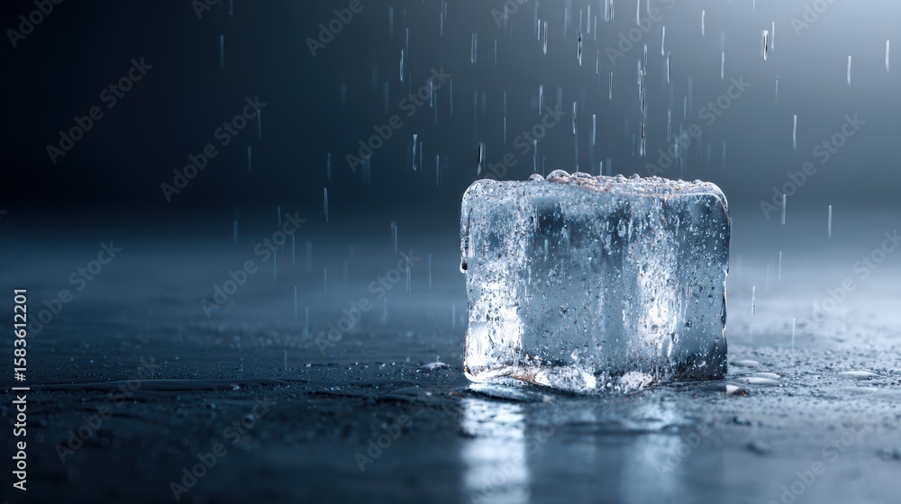 Poster a close-up of a melting ice cube in a dark setting, highlighting its textures and droplets from the 