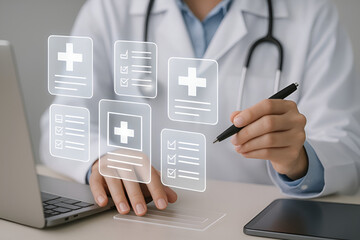 Doctor Managing Digital Health Records and Patient Information System.