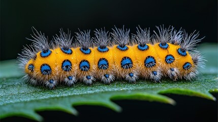 Fototapeta premium Close-up of a vibrant yellow caterpillar with striking blue spots. Furry segments. On a dark green leaf