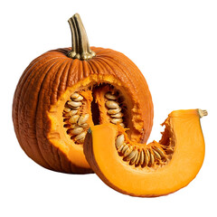 Studio Shot: Halved Pumpkin with Seed Detail, Autumnal Harvest, Vibrant Orange Hues, Isolated on Black Background
