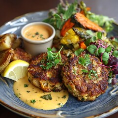 Crab Cakes with Roasted Vegetables, Potato Wedges, and Lemon Wedge on Artisan Plate