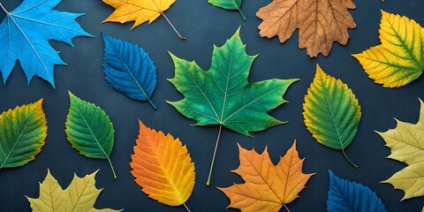 Vibrant Autumn Leaves in Blue Green Yellow Orange on Dark Background