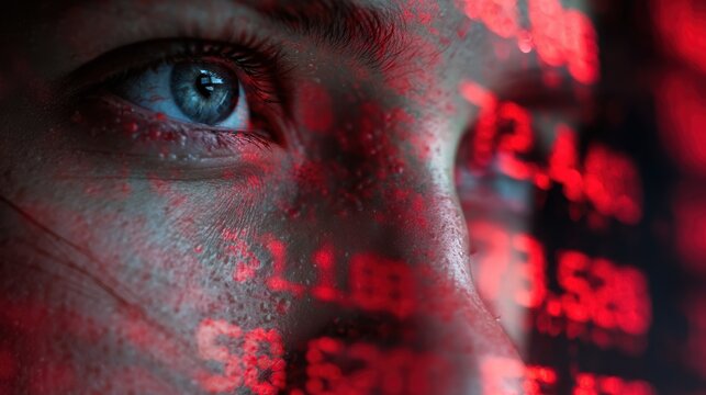 A close-up of a woman's eye reflecting stock market numbers in red light, symbolizing finance and investment. - Powered by Adobe