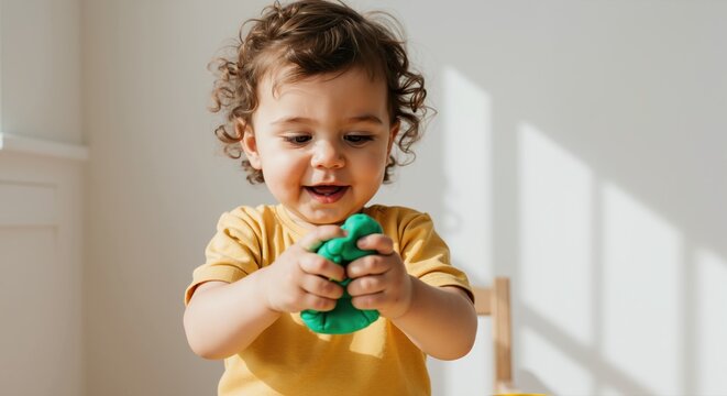 Young child playing with green playdough in bright indoor room  