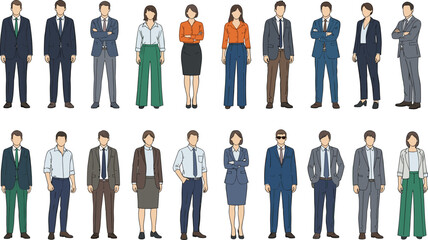Business people in modern office attire, diverse men and women in formal and casual professional clothes, standing poses, corporate team concept, white background illustration