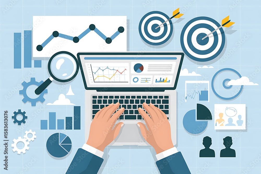 Aufkleber hands typing on laptop surrounded by data analysis charts and targets image