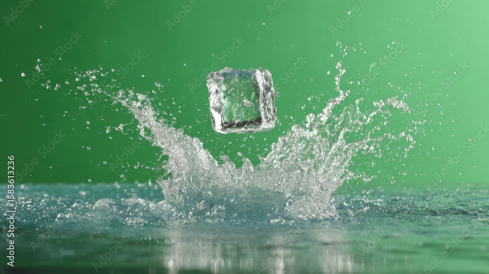 Poster a close-up shot of an ice cube splashing into water, creating dynamic waves against a vibrant green 