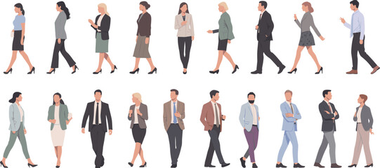 Business professionals walking and interacting, modern corporate attire, teamwork motion, office people movement, casual formal diversity, isolated on white