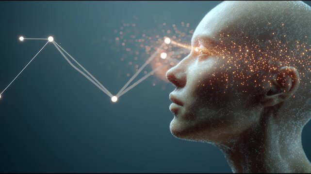 Visionary Insight: A stylized portrait of a person's head, eyes glowing with light particles, connected to a line graph symbolizing data analysis and futuristic vision.
