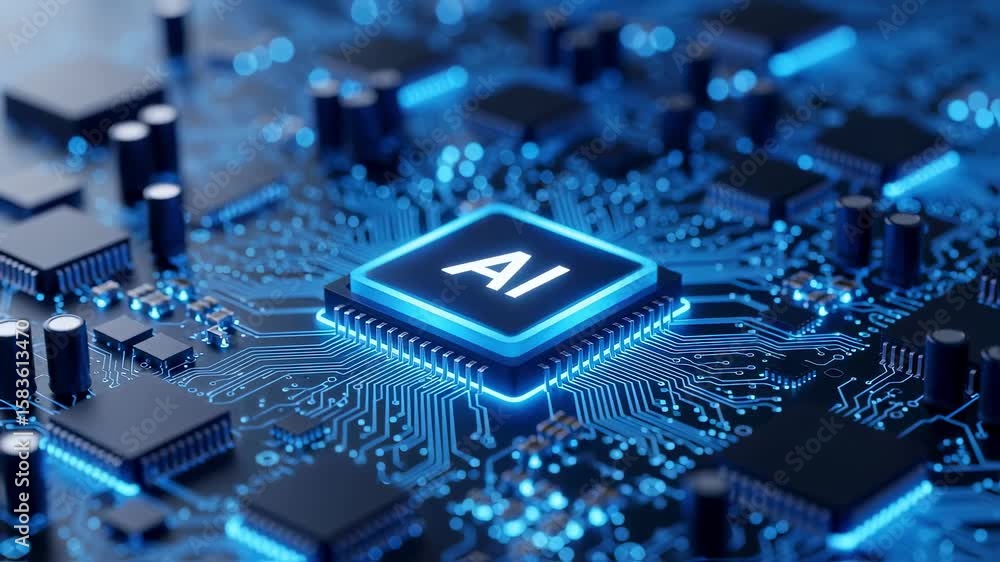 Poster blue light illuminates an ai chip embedded in a complex circuit board, symbolizing the power and pot