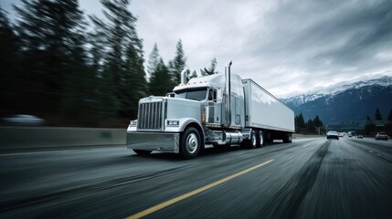 The powerful truck driving on a scenic highway through majestic mountains.