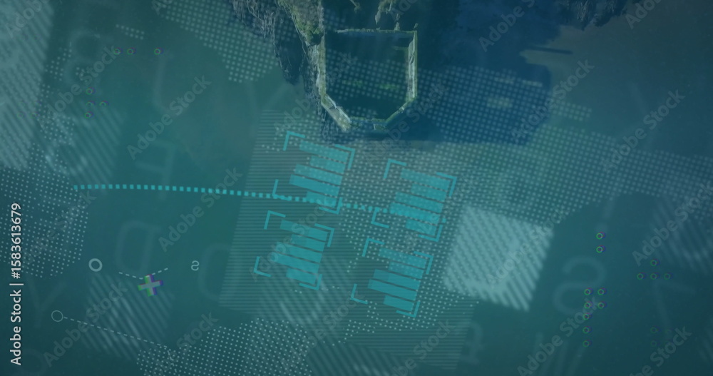 Poster displaying metal frame floating over teal interface, with dotted world map and turquoise bar charts