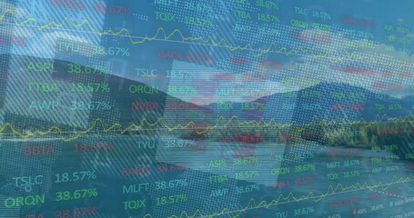 Naklejka premium Displaying translucent overlay over mountain lake, showing stock tickers values and yellow charts