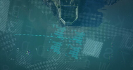 Displaying metal frame floating over teal interface, with dotted world map and turquoise bar charts