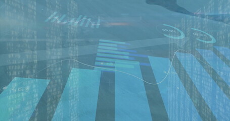 Showing dashboard UI with bar charts and white line graph, semicircular gauges and binary code