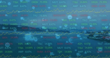 Naklejka premium Reflecting snow-capped mountains in dark lake at lakeside, overlaying financial data