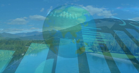 Merging digital globe overlaying lakeside with bar and line charts, numeric readouts, infographics