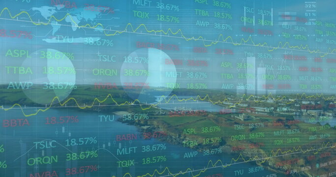 Displaying trading overlay on coastal harbor bay, with stock tickers and line graphs