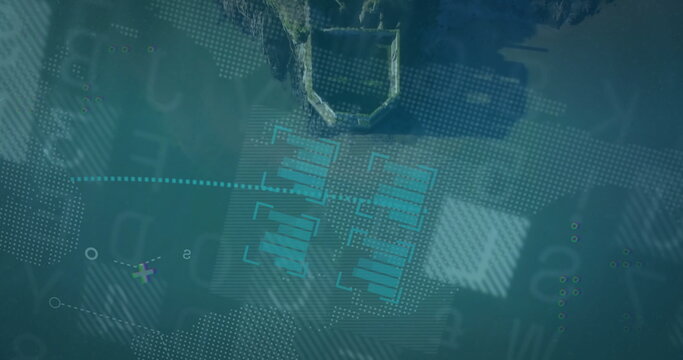 Displaying metal frame floating over teal interface, with dotted world map and turquoise bar charts