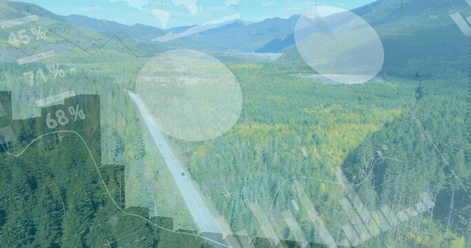 Showing aerial two-lane highway cutting through evergreen forest, with data visualization overlays - Powered by Adobe