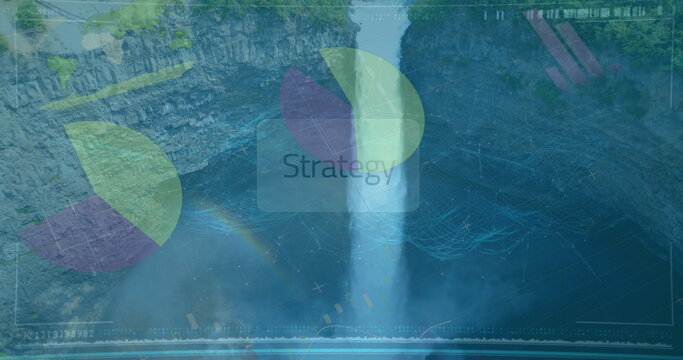 Fototapeta Cascading waterfall plunging over rock cliff in canyon, with rainbow and digital strategy overlays