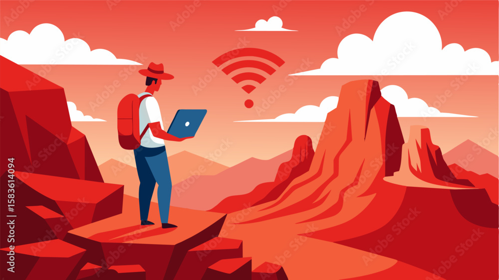 Poster hiking through the red desert canyons the remote worker pauses on a rocky outcrop to check for wifi 