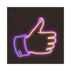 Neon Thumbs Up Sign: Positive Feedback, Approval, Social Media Icon, Purple and Orange Glow, Dark Background.