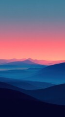 A serene vista unfolds with layers of blue mountains under a soft gradient sky transitioning from pink to blue, evoking a sense of peace and tranquility in nature's embrace.