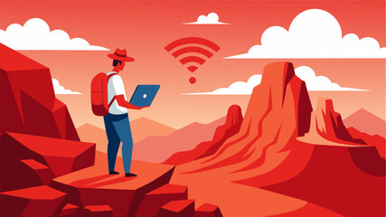 Hiking through the red desert canyons the remote worker pauses on a rocky outcrop to check for WiFi signal and send off a few important messages.. Vector illustration