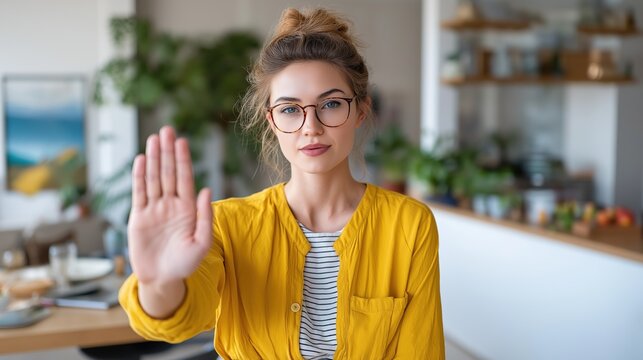 A young woman wearing glasses and a yellow shirt holding her hand up in a stop gesture, standing in a cozy home interior. This image conveys a concept of refusal, boundaries, or making a statement.
