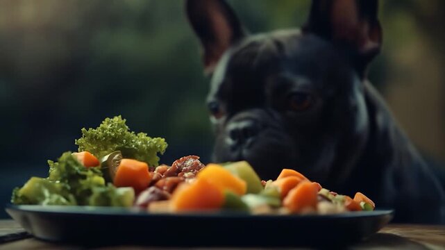 Hungry French Bulldog Stares Intently at Healthy Food Bowl, Licking Lips